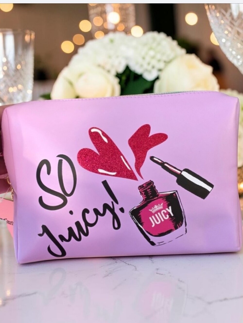 NWT Juicy Couture Pink Lilac 'So Juicy' Cosmetic Pouch with Red Glitter Heart